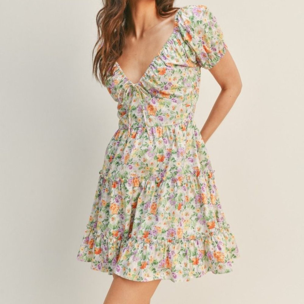 Boho floral v neck ruffle tiered open back mini dress